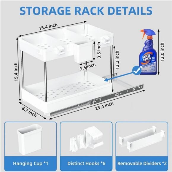 2-Tier Under Sliding Cabinet Basket Organizer with Hooks, (White) - Picture 6 of 7